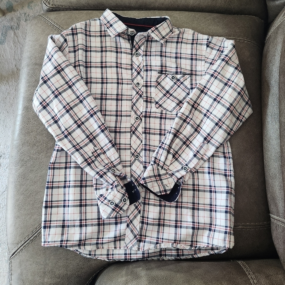 Nomad Big Boys Button Down Shirt Size 10/12 Med White Red Blue Plaid Preppy